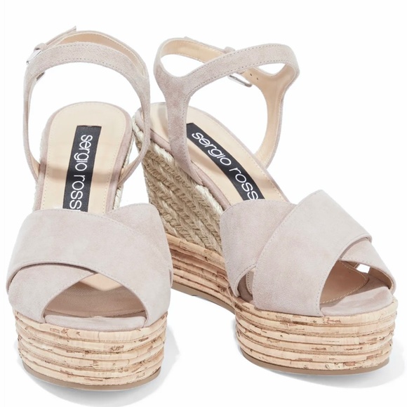 SERGIO ROSSI Mayan Sand Royal suede wedge sandal leather platform espadrilles 40